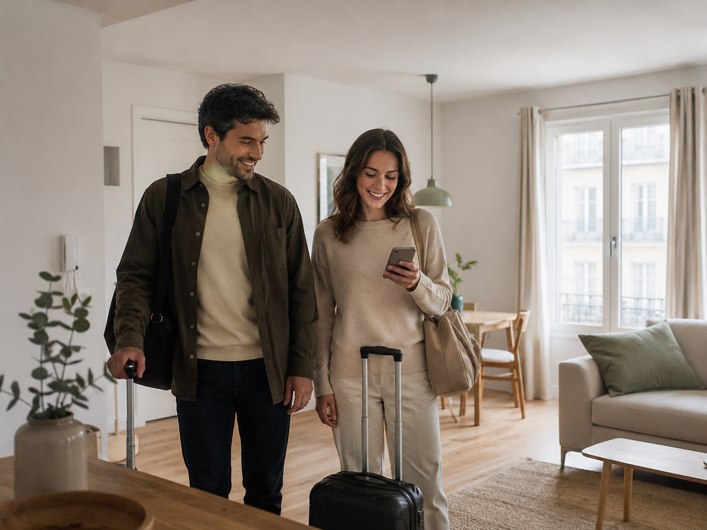 Two guests arriving at a bright apartment, smiling as they check their phone